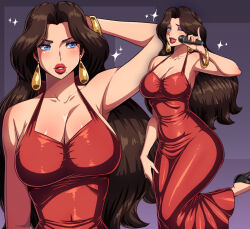 1girl bare_shoulders breasts brown_hair cleavage dress earrings high_heels jewelry large_breasts lipstick long_hair makeup mario_(series) microphone nintendo one_eye_closed pauline_(mario) simmsy sleeveless standing standing_on_one_leg
