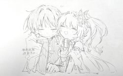 1boy 1girl absurdres arm_rest armlet armor blush bodysuit bridal_gauntlets cape clenched_hand closed_eyes closed_mouth detached_sleeves dress elbow_rest embarrassed eyelashes gem genshin_impact hair_intakes hand_on_own_face happy head_rest heads_together highres japanese_armor japanese_clothes jewelry kimono kote long_hair middle_ring monochrome nahida_(genshin_impact) notice_lines onu5mochini open_clothes open_kimono open_mouth pom_pom_(clothes) scaramouche_(genshin_impact) short_sleeves side-by-side side_ponytail sidelocks sketch sweat traditional_media translation_request vision_(genshin_impact) wanderer_(genshin_impact)