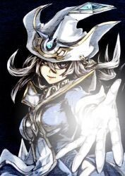 1girl black_background duel_monster gloves grey_hair hair_between_eyes hat highres hip_vent long_hair looking_at_viewer masui_(math-gutch) silent_magician simple_background tabard white_gloves white_hat wizard_hat yu-gi-oh!