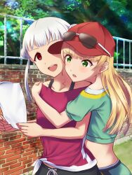 2girls arashi_chisato black_shorts blonde_hair blunt_bangs brick_wall commentary_request crazy_smile double_bun drill_hair empty_eyes eyewear_on_head green_eyes green_shirt green_shorts hair_bun hat heanna_sumire highres holding holding_paper hug hug_from_behind long_hair love_live! love_live!_superstar!! midriff multiple_girls open_mouth outdoors paper pink_shirt red_eyes red_hat shirt shorts smile sunglasses sunlight supra_is_black_(altea) tree twintails white_hair