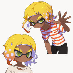 1boy absurdres black_pants blonde_hair breast_pocket commentary_request dark-skinned_male dark_skin eyebrow_cut gradient_hair green_eyes hand_up highres inkling inkling_boy inkling_player_character male_focus multicolored_hair multiple_views nintendo open_hand orange_hair orange_shirt pants pocket pointy_ears shirt short_hair simple_background splatoon_(series) striped_clothes striped_shirt surume01417 t-shirt tentacle_hair thick_eyebrows torn_clothes torn_shirt two-tone_shirt white_background white_shirt
