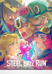 2girls 3boys absurdres blonde_hair blue_eyes colored_teeth copyright_name curly_hair diego_brando dinosaur_tail funny_valentine glasgow_smile green_eyes grills gyro_zeppeli hat highres hot_pants_(sbr) johnny_joestar jojo_no_kimyou_na_bouken long_hair lucy_steel male_focus multiple_boys multiple_girls open_mouth pink_hair red_eyes red_hair scary_monsters_(stand) short_hair stand_(jojo) steel_ball_run sweatdrop tail teardrop tongue tongue_out tusk_(stand) tusk_act1 uu0000322 yellow_teeth