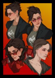 Rule 34 | 1girl, absurdres, armor, art by crazytom, black border, black hoodie, black jacket, border, breasts, brown eyes, brown hair, collarbone, gradient background, grey-framed eyewear, grey shirt, hair bun, highres, hood, hoodie, iron man, iron man (series), jacket, lapels, lips, long hair, looking to the side, marvel, marvel cinematic universe, medium breasts, multiple views, open clothes, open jacket, orange background, outside border, pink-tinted eyewear, power armor, red armor, red background, red lips, russian commentary, shirt, sunglasses, superhero costume, t-shirt, teeth, tinted eyewear, tony stark, two-tone background, upper body