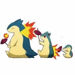 animated breath_weapon breathing_fire closed_eyes closed_mouth commentary creatures_(company) cyndaquil evolutionary_line fire food from_side full_body game_freak gen_2_pokemon holding holding_food looping_animation nintendo pokemon pokemon_(creature) quilava red_eyes roasted_sweet_potato simple_background sitting smile sweet_potato tagme taro_(tontaro) typhlosion video white_background