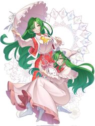 Rule 34 | 1girl, 2girls, ascot, bow, clock, dual persona, frilled umbrella, frills, green eyes, green hair, grid, guumin, hair over one eye, hat, head down, highres, kazami yuuka, kazami yuuka (pc-98), long hair, long sleeves, lotus land story, multiple girls, nightcap, nightgown, no shoes, pajamas, pants, parasol, pink pajamas, plaid clothes, plaid pants, plaid vest, red bow, shirt, simple background, smile, solo, star (symbol), star print, touhou, touhou (pc-98), umbrella, very long hair, vest, warped, white background, white footwear