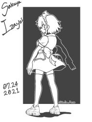 1girl apron bow braid chain character_name concha_(mamecha) dated english_text from_behind greyscale hair_bow highres izayoi_sakuya maid maid_headdress monochrome shoes short_sleeves sneakers solo thighhighs touhou twitter_username