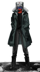 1boy black_boots black_pants black_shirt blue_skin boots coat colored_skin countryhumans full_body green_coat highres looking_at_viewer pants parted_bangs red_skin russia_(countryhumans) saboten92 shirt short_hair simple_background solo track_pants white_background white_hair