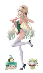 1girl absurdres alternate_costume armpits breasts brown_hair closed_mouth commentary fake_tail firefly_(honkai:_star_rail) green_hair hair_ornament hairband heart heart_hands high_heels highres honkai:_star_rail honkai_(series) kesa_pasa large_breasts leotard long_hair looking_at_viewer multicolored_hair navel playboy_bunny rabbit_tail see-through_clothes see-through_leotard shoes solo standing standing_on_one_leg tail thighhighs very_long_hair white_shoes white_thighhighs