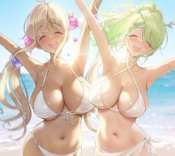 2girls ^_^ absurdres alternate_costume armlet armpits arms_up beach bikini blonde_hair blue_sky blurry blurry_background braid braided_bangs breasts ceres_fauna cleavage closed_eyes commentary cowboy_shot criss-cross_halter dark-skinned_female dark_skin day earrings english_commentary facing_viewer flower front-tie_bikini_top front-tie_top green_hair hair_flower hair_ornament halterneck highres hololive hololive_english huge_breasts jewelry large_breasts long_hair mole mole_under_eye multicolored_hair multiple_girls navel o-ring o-ring_bikini open_mouth outdoors planet_hair_ornament ponytail prab redrawn sarong sideboob sidelocks sky smile solo star_(symbol) star_earrings stomach streaked_hair string_bikini swimsuit teeth tsukumo_sana twintails underboob upper_teeth_only very_long_hair virtual_youtuber white_bikini white_sarong