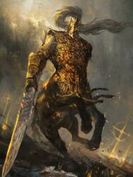 Rule 34 | armor, bracer, centaur, cross, elden ring, elden ring nightreign, from side, fulghor (elden ring), full body, helmet, highres, hooves, monster, outdoors, polearm, shimhaq, sky, solo, spear, taur, weapon