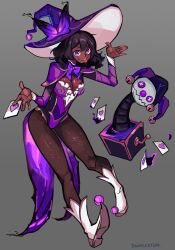 1girl absurdres artist_name bad_link black_hair blush breasts bumblesteak card commentary dark-skinned_female dark_skin english_commentary english_text hat highres jack-in-the-box looking_at_viewer necromancer nose original palms purple_eyes tongue tongue_out witch_hat