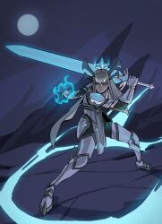 1girl armor blonde_hair blue_eyes crown fire gauntlets gloves highres hime_cut holding holding_sword holding_weapon long_hair looking_at_viewer magic magik_(eldritch_armor)_(x-men) magik_(x-men) marvel marvel_rivals moon official_alternate_costume phirudcoffee shoulder_armor solo sword weapon x-men