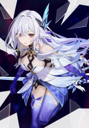 Rule 34 | 1girl, absurdres, bare shoulders, breasts, broken glass, cleavage, collarbone, commentary, crossed bangs, crystal shards, dress, floating hair, genshin impact, glass, glass shards, hair between eyes, hair intakes, hair ornament, halter dress, halterneck, highres, large breasts, light blush, long hair, looking at viewer, night, night sky, parted lips, prosthesis, prosthetic arm, prosthetic leg, red eyes, shakkiyi, short dress, skirk (genshin impact), sky, solo, star (sky), thighs, very long hair, white dress, white hair
