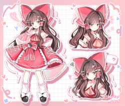 Rule 34 | ...?, 1girl, absurdres, ascot, black shoes, bow, brown eyes, brown hair, commentary request, detached sleeves, footwear bow, frilled bow, frilled hair tubes, frilled skirt, frills, hair between eyes, hair bow, hair ornament, hair tubes, hairpin, hakurei reimu, hand up, heart, highres, long hair, looking at viewer, multiple views, red bow, red skirt, ribbon-trimmed sleeves, ribbon trim, shirocha tei, shoes, skirt, skirt set, smile, touhou, white bow, white sleeves, wide sleeves, wrist cuffs, yellow ascot, yin yang