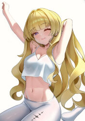 Rule 34 | 1girl, absurdres, arm behind head, armpits, arms up, blonde hair, blush, breasts, camisole, cleavage, closed mouth, collarbone, commentary, crop top, highres, long hair, looking at viewer, medium breasts, navel, no shoes, one eye closed, outstretched arm, pantyhose, phoebe (wuthering waves), purple eyes, sglike365, simple background, smile, solo, stomach, tacet mark (wuthering waves), very long hair, white background, white camisole, white pantyhose, wuthering waves