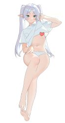 1girl bare_legs barefoot clothes_lift frieren green_eyes highres lifting_own_clothes panties pointy_ears serpent_(pepepp39) shirt_lift sitting sketch solo sousou_no_frieren twintails underwear white_background