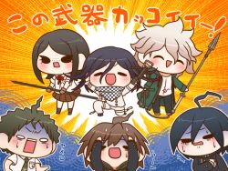 1girl 5boys ^_^ ahoge arm_belt bags_under_eyes belt belt_buckle black_eyes black_footwear black_hair black_jacket black_pants black_scarf black_socks blazer blue_background blue_hair bow bow_(weapon) bowtie brown_footwear brown_gloves brown_hair brown_skirt buckle buttons cable checkered_clothes checkered_scarf chibi closed_eyes collared_jacket collared_shirt colored_tips commentary_request crest crossbow danganronpa:_trigger_happy_havoc danganronpa_(series) danganronpa_2:_goodbye_despair danganronpa_v3:_killing_harmony denim disgust double-breasted dress_shirt emphasis_lines eyelashes freckles gloves green_jacket green_necktie hair_between_eyes half-closed_eyes hand_on_own_chest hands_on_own_head high_collar hinata_hajime holding holding_cable holding_crossbow holding_polearm holding_weapon hood hood_down hooded_jacket hope&#039;s_peak_academy_school_uniform ikusaba_mukuro jacket jeans kneehighs komaeda_nagito layered_sleeves light_blush long_sleeves medium_hair messy_hair miniskirt multicolored_buttons multicolored_hair multiple_belts multiple_boys naegi_makoto necktie nervous_smile nervous_sweating oma_kokichi on_one_knee open_belt open_clothes open_jacket open_mouth orange_background outline outstretched_arms pale_skin pants pinstripe_jacket pinstripe_pattern pleated_skirt pocket polearm purple_hair red_bow red_bowtie saihara_shuichi scared scarf school_uniform shirt shoes short_hair short_sleeves skirt smile socks solid_oval_eyes spear spoilers straight-on sweat thigh_belt thigh_strap translation_request triangle_mouth turn_pale two-tone_background two-tone_scarf unmoving_pattern upper_body v-shaped_eyebrows weapon white_belt white_eyes white_hair white_jacket white_outline white_pants white_scarf white_shirt wrist_belt yumaru_(marumarumaru) zipper