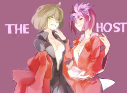 2girls breasts brown_hair devil_survivor_(series) devil_survivor_2 evil_smile flower flower_on_head green_eyes jacket kuzuryuu_amane large_breasts multiple_girls nitta_io open_clothes open_shirt purple_hair red_eyes red_jacket shin_megami_tensei short_hair smile