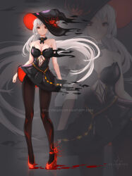1girl artist_name bare_shoulders black_dress black_hat black_pantyhose breasts cleavage detached_collar deviantart_logo dress flower hat hat_flower high_heels highres long_hair looking_at_viewer nellybears off-shoulder_dress off_shoulder original pantyhose parted_lips personification pointy_hat red_eyes red_footwear spider_lily standing white_hair witch zoom_layer