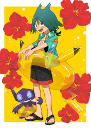 Rule 34 | 1boy, :d, absurdres, anipoke uruto, black sandals, black shorts, border, brown eyes, collared shirt, commentary request, flower, gen 3 pokemon, green hair, green shirt, happy, highres, holding, holding swim ring, innertube, jewelry, knees, male focus, necklace, nintendo, open clothes, open mouth, open shirt, pokemon, pokemon (anime), pokemon horizons, red flower, sableye, sandals, shirt, short sleeves, shorts, smile, standing, swim ring, teeth, toes, tongue, ult (pokemon), white border, yellow background
