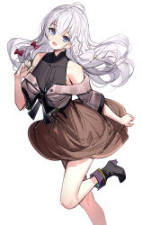 Rule 34 | 1girl, :d, ahoge, black boots, black shirt, blue eyes, boots, bow, breasts, brown shirt, brown skirt, commentary request, elaina (majo no tabitabi), feet out of frame, grey hair, hair between eyes, hair bow, high heel boots, high heels, highres, long hair, looking at viewer, majo no tabitabi, medium breasts, off-shoulder shirt, off shoulder, open mouth, red bow, ririko (zhuoyandesailaer), shirt, short sleeves, simple background, skirt, sleeveless, sleeveless shirt, smile, solo, standing, standing on one leg, very long hair, white background