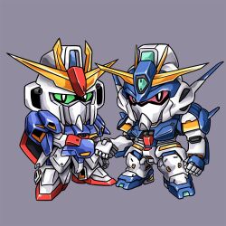 chibi colored_sclera commentary commission ecole_du_ciel english_commentary green_sclera grey_background gundam handshake highres le_cygne looking_at_viewer mecha mecha_focus mobile_suit no_humans red_sclera robot science_fiction sd_gundam v-fin zeta_gundam zeta_gundam_(mobile_suit) zjeorno