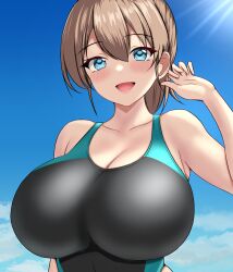 1girl black_one-piece_swimsuit blue_eyes breasts brown_hair collarbone commentary_request competition_swimsuit highres huge_breasts intrepid_(kancolle) kantai_collection large_breasts looking_at_viewer montemasa one-hour_drawing_challenge one-piece_swimsuit open_mouth outdoors short_hair solo sunlight swimsuit two-tone_swimsuit upper_body