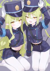 Rule 34 | 2girls, blue archive, demon tail, green hair, green halo, halo, hat, highres, hikari (blue archive), looking at viewer, multiple girls, navel, nozomi (blue archive), rabbit pose, rin (rin0214tw), siblings, simple background, sitting, skirt, tail, twins, twintails, yellow eyes