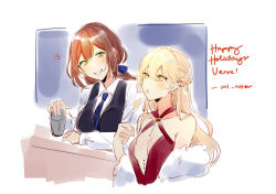 2girls black_vest blonde_hair blue_necktie blue_ribbon blush braid breasts brown_hair champagne_flute cleavage cocktail_shaker coll_(erichankun) collared_shirt commission cup dress drinking_glass english_text french_braid girls&#039;_frontline green_eyes hair_ribbon holding holding_cup long_hair looking_at_another multiple_girls necktie official_alternate_costume ots-14_(girls&#039;_frontline) ots-14_(ruler_of_the_banquet)_(girls&#039;_frontline) parted_lips red_dress ribbon second-party_source shirt simple_background smile springfield_(girls&#039;_frontline) vest white_shirt yellow_eyes