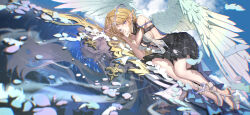 2girls absurdres angel_wings black_dress blonde_hair blue_eyes breasts cartethyia_(wuthering_waves) chinese_commentary chromatic_aberration closed_mouth commentary_request crown_of_thorns different_reflection dress earrings fleurdelys_(wuthering_waves) highres horns jewelry long_hair looking_at_viewer lying medium_breasts multiple_girls on_side pointy_ears reflection sandals single_horn smile tabard tacet_mark_(wuthering_waves) tang_you_zi very_long_hair white_sandals white_tabard wings wuthering_waves yellow_horns