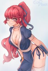 1girl arm_armor artist_name ass bikini blue_background breasts choker cleavage commentary eondriver high_ponytail highres large_breasts light_smile looking_at_viewer ninja panties pelvic_curtain persona persona_5 persona_5_the_royal ponytail red_eyes red_hair side-tie_bikini_bottom side-tie_panties simple_background smile solo swimsuit thighhighs underwear upper_body white_choker yoshizawa_kasumi