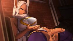1futa boku_no_hero_academia breasts cum dark_skin erection futanari futanari_masturbation greatm8 large_breasts legs_apart leotard masturbation mature_female mirko penis rabbit rabbit_ears solo testicles white_hair