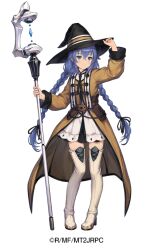 Rule 34 | 1girl, black hat, black ribbon, blue eyes, blue hair, boots, braid, brown dust (series), brown dust 2, brown robe, dress, eyebrows hidden by hair, full body, hair between eyes, hair ribbon, hand on headwear, hat, high heel boots, high heels, holding, holding staff, light blush, long hair, mage staff, mushoku tensei, official art, ribbon, robe, roxy migurdia, second-party source, simple background, smile, solo, staff, thigh boots, twin braids, very long hair, white background, white boots, white dress, witch hat