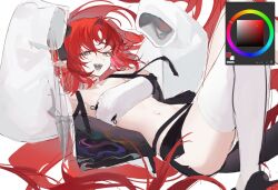 1girl :d arms_up art_program_in_frame belt black_shorts blue_eyes bra curtained_hair detached_sleeves fangs foot_out_of_frame full_body highres holding long_hair looking_at_viewer lying on_back on_ground open_mouth original oversized_clothes red_hair short_shorts shorts simple_background smile solo stomach thighhighs toned toned_female underwear very_long_hair white_background white_thighhighs yoimon