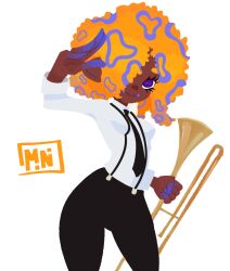 Rule 34 | 1girl, arm up, black necktie, black pants, black suspenders, breasts, cowboy shot, dark-skinned female, dark skin, hair over one eye, highres, holding, holding instrument, holding trombone, instrument, long sleeves, mini woomy, necktie, nintendo, orange hair, pants, patterned hair, purple eyes, shirt, simple background, smile, solo, splatoon (series), splatoon 3, tao blu, tentacle hair, trombone, white background, white shirt