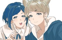 2girls blonde_hair blue_eyes blue_hair cheek_squash closed_mouth collared_shirt commentary_request cone_hair_bun danbara_(ra_danba) diagonal_bangs double_bun frilled_shirt frills fukurai_azami gloves hair_bun hand_on_another&#039;s_face highres hood hood_down hoodie jasmine_(toshi_densetsu_kaitai_center) limited_palette looking_at_viewer multiple_girls open_mouth partially_fingerless_gloves shirt short_hair simple_background smile sweatdrop swept_bangs toshi_densetsu_kaitai_center upper_body white_background white_gloves