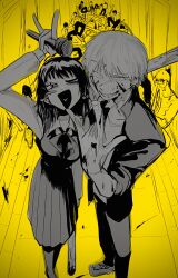 1boy 1girl baseball_bat blood blood_on_face blood_on_hands chainsaw chainsaw_man death denji_(chainsaw_man) gaganbo_(shuuu85372871) highres jacket looking_at_viewer low-tied_sidelocks m/ microphone mifune_fumiko monochrome naughty_face partially_colored polo_shirt sidelocks simple_background suit_jacket violence yellow_background