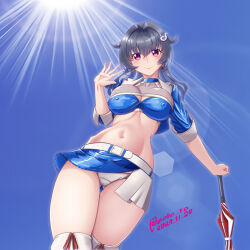 1girl bandeau belt black_hair blue_bandeau blue_choker blue_jacket blue_skirt blue_sky breasts choker cleavage cloud covered_erect_nipples cropped_jacket hair_flaps hair_ornament hashtag-only_commentary jacket jingei_(kancolle) jingei_(race_queen)_(kancolle) kantai_collection large_breasts lens_flare long_hair moke_ro official_alternate_costume panties planted planted_umbrella race_queen red_eyes skirt sky solo sun umbrella underwear whale_hair_ornament white_belt white_panties