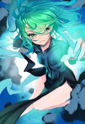1girl black_dress dress green_eyes green_hair highres ingyanggang looking_at_viewer one-punch_man pointing pointing_at_viewer solo tatsumaki thighs