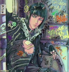 Rule 34 | 1boy, alternate costume, artist name, bandaid, bandaid on face, bandaid on knee, bandaid on leg, bandaid on nose, black collar, black gloves, black hair, black jacket, black nails, black pants, blue eyes, blunt bangs, bruno bucciarati, chain, cigarette, collar, ear piercing, earrings, english text, face piercing, feet out of frame, finger tattoo, fingerless gloves, gloves, graffiti, hair ornament, henoopd, highres, indoors, jacket, jewelry, jojo no kimyou na bouken, lip piercing, long sleeves, looking at viewer, male focus, pants, parted lips, piercing, punk, short hair, sidelocks, smoke, solo, spiked jacket, squatting, stud earrings, tattoo, torn clothes, torn pants, vento aureo, zipper