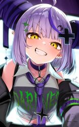 1girl :d ahoge black_horns black_jacket choker close-up clothes_writing collared_shirt commentary_request crescent crescent_hair_ornament crop_top cross_hair_ornament demon_horns flame_print grey_hair grin hair_ornament highres hololive horns jacket kito_koruta la+_darknesss la+_darknesss_(casual) looking_at_viewer loose_necktie monitor multicolored_hair necktie off_shoulder official_alternate_hairstyle open_mouth pointy_ears purple_choker purple_hair purple_necktie shirt short_hair sleeveless sleeveless_shirt slit_pupils smile solo star_(symbol) star_hair_ornament streaked_hair striped_horns through_medium v-shaped_eyebrows virtual_youtuber white_shirt yellow_eyes