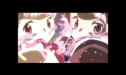 2girls artist_request black_border blunt_bangs bodystocking border braid cloak closed_mouth cloud cloudy_sky determined dot_nose eyelashes floating_hair frilled_sleeves frills frown game_cg hood hood_up hooded_cloak kaname_madoka kaname_madoka_(magical_girl) light_blush light_particles long_hair looking_at_viewer magia_record:_mahou_shoujo_madoka_magica_gaiden magic magical_girl mahou_shoujo_madoka_magica multiple_girls official_art outstretched_arm pink_eyes pink_hair puffy_short_sleeves puffy_sleeves short_hair short_sleeves side_braid sky tamaki_iroha tareme upper_body white_cloak white_sleeves