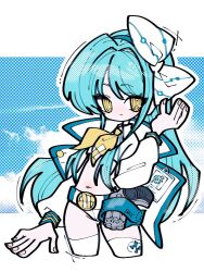 1girl artist_name belt blue_hair blue_sky bow character_name closed_eyes cloud collared_shirt cropped_legs cropped_shirt eri_fund_c goddess_of_victory:_nikke gun hair_bow hair_intakes hairband hand_up handgun holster id_card jacket letterboxed long_hair long_sleeves looking_at_viewer necktie outside_border ringed_eyes shirt short_shorts shorts sky sky_(nikke) standing thighhighs weapon white_bow white_jacket white_shirt white_thighhighs yellow_eyes yellow_necktie