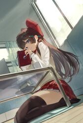 1girl absurdres blue_eyes book brown_hair curtains cushion eun_yo food highres holding holding_book indoors large_ribbon open_mouth pencil red_ribbon ribbon shirayuki_hina sitting skirt solo stellive sweater table teeth thighhighs transparent upper_teeth_only wooden_floor
