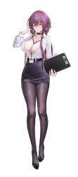 1boy absurdres alternate_costume belt black_belt black_choker black_shoes black_skirt breasts brown_pantyhose choker clipboard collared_shirt commentary facing_viewer full_body highres holding holding_clipboard honkai:_star_rail honkai_(series) id_card kafka_(honkai:_star_rail) lanyard large_breasts long_hair long_sleeves miniskirt office_lady pantyhose pencil_skirt purple_eyes purple_hair sanvicept shirt shoes signature simple_background skirt smile solo standing tachi-e twitter_username white_shirt