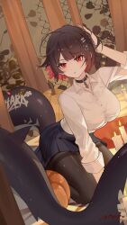 1girl ai_dongdong black_hair black_pantyhose collared_shirt colored_inner_hair ellen_joe ellen_joe_(on_campus) fins fish_tail hair_ornament hand_on_own_head highres kneeling long_sleeves looking_at_viewer multicolored_hair pantyhose parted_lips red_hair school_uniform shark_girl shark_tail shirt shirt_tucked_in short_hair skirt solo tail thighband_pantyhose white_shirt zenless_zone_zero