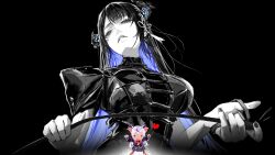 2girls absurdres alternate_costume asymmetrical_horns blue_hair breasts colored_inner_hair dress heart highres holding holding_riding_crop hololive hololive_english horns la+_darknesss large_breasts multicolored_hair multiple_girls nerissa_ravencroft parted_lips pig_girl purple_streaks riding_crop spot_color striped_horns thekaiyip virtual_youtuber white_hair