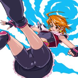 00s 1girl bad_id bad_pixiv_id bike_shorts breasts cloud cure_black day female_focus futari_wa_precure heart latex midriff misumi_nagisa oekaki orange_hair outdoors precure short_hair sky small_breasts solo sorashu spandex