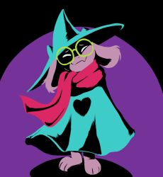 1boy cloak closed_eyes closed_mouth commentary covered_horns deltarune english_commentary floppy_ears furry furry_male green-framed_eyewear green_cloak green_hat hat heart heart_print highres koalacola looking_at_viewer male_focus pink_scarf ralsei round_eyewear scarf smile