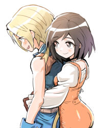1boy 1girl bare_shoulders black_choker black_hair blonde_hair blue_eyes blue_pants blue_vest blush bodysuit brown_eyes brown_gloves brown_hair choker closed_mouth commentary dede_(qwea_00000) final_fantasy final_fantasy_ix from_side garnet_til_alexandros_xvii gloves hug hug_from_behind long_sleeves looking_at_another monkey_tail orange_bodysuit pants puffy_long_sleeves puffy_sleeves shirt short_hair smile symbol-only_commentary tail upper_body vest white_background white_shirt zidane_tribal